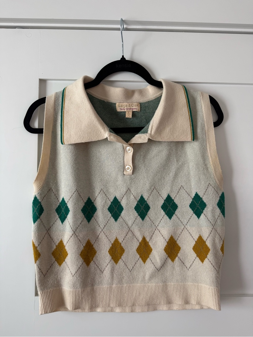 Argyle Knit Sleeveless Polo Vest in Cream, Green & Mustard